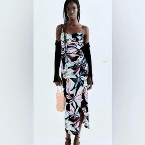 EUC Zara Linen Blend Tropical Print Corset Ruched Midi Dress Size Small